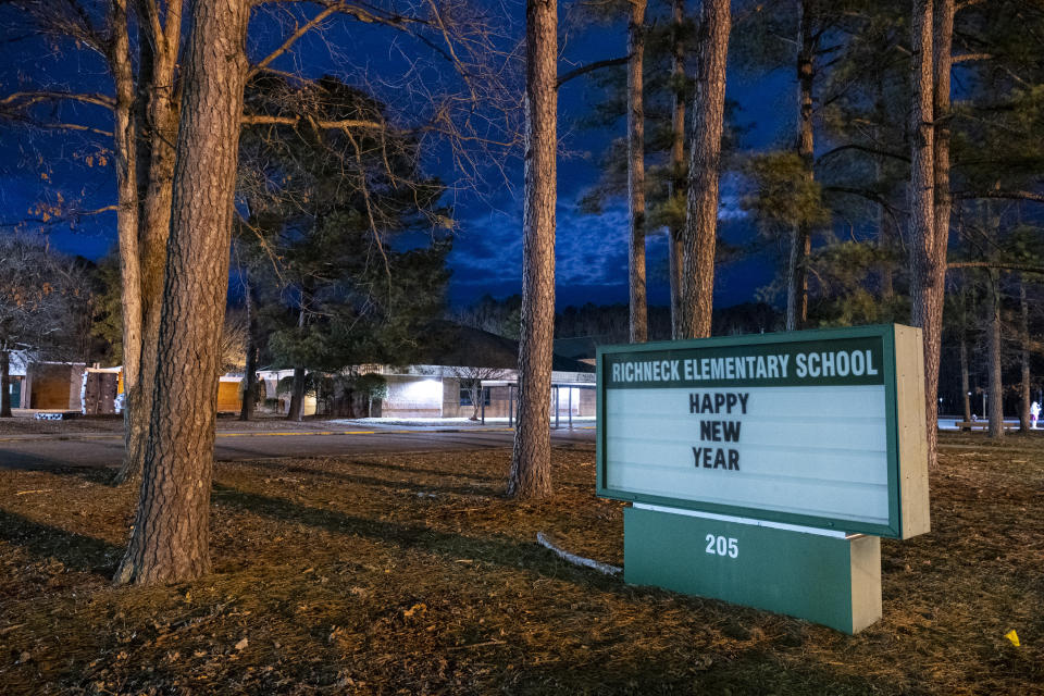 FILE - Richneck Elementary School in Newport News, Va., is seen on Friday Jan. 6, 2023. Police say a 6-year-old student shot and wounded a teacher at the school during an altercation inside a first-grade classroom earlier in the day on Friday. (Billy Schuerman/The Virginian-Pilot via AP, File)