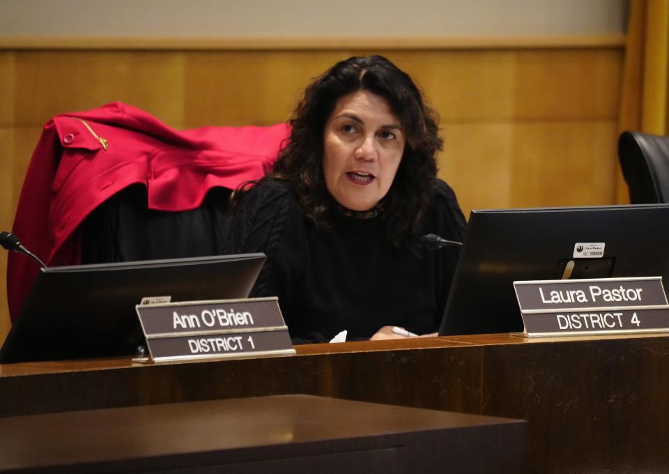 Councilmember Laura Pastor speaks to those making public comments during a Phoenix City Council meeting on March 22, 2023.