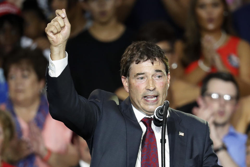 12th Congressional District Republican candidate Troy Balderson speaks during a rally with President Donald Trump, Saturday, Aug. 4, 2018, in Lewis Center, Ohio. (AP Photo/John Minchillo)