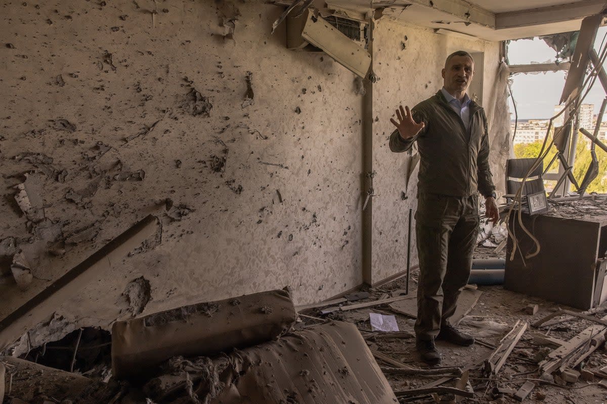 Kyiv mayor Vitali Klitschko visits a home damaged by debris from an intercepted Russian drone (Getty Images)