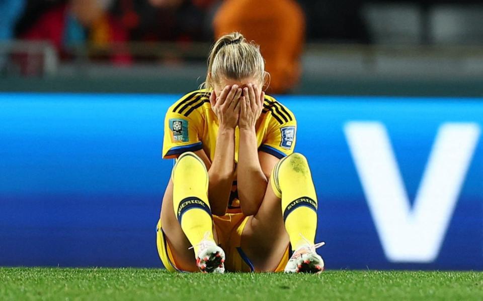 Sweden's Fridolina Rolfo looks dejected after the match as Sweden are knocked out of the World Cup