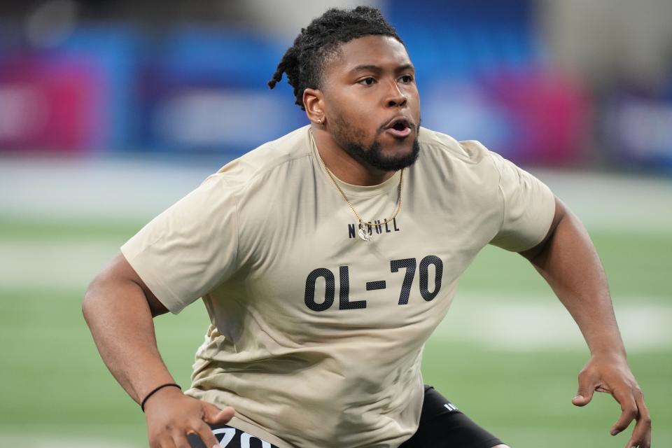 Mar 3, 2024; Indianapolis, IN, USA; Penn State offensive lineman Caedan Wallace (OL70) during the 2024 NFL Combine at Lucas Oil Stadium. Mandatory Credit: Kirby Lee-USA TODAY Sports