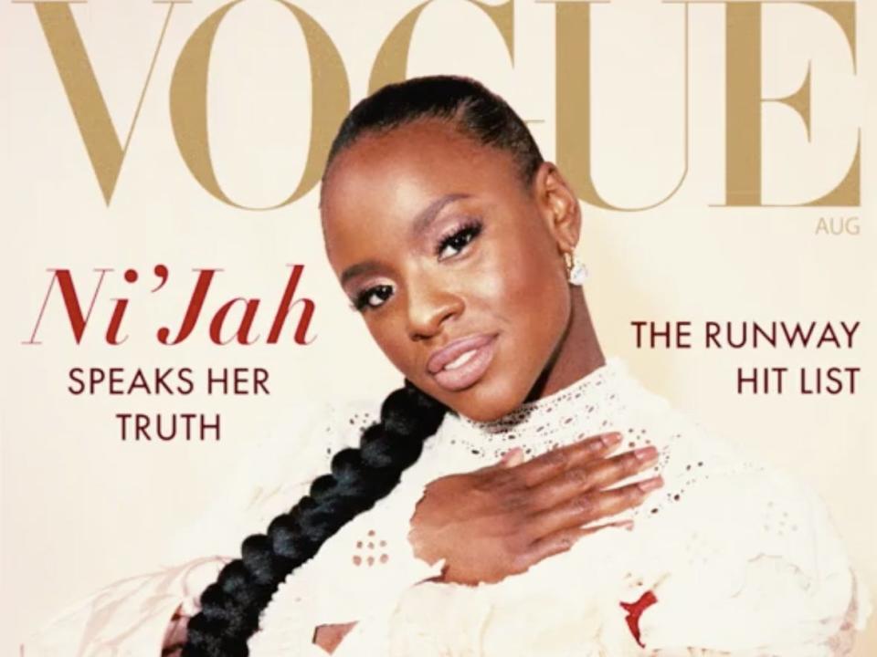 A fictional Vogue cover from "Swarm," featuring Ni'Jah posing on the cover in a white blouse.