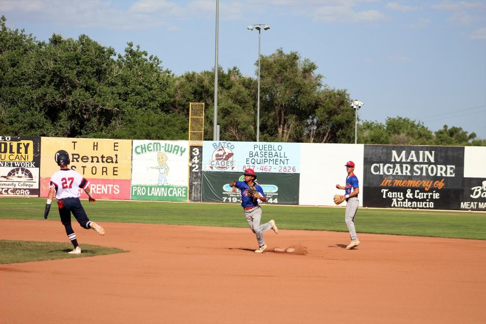 Mike Casillas steps on second before throwing to first base to complete the double play in the first game of the Azteca's doubleheader on June 17, 2022, at the Tony Andenucio Tournament.