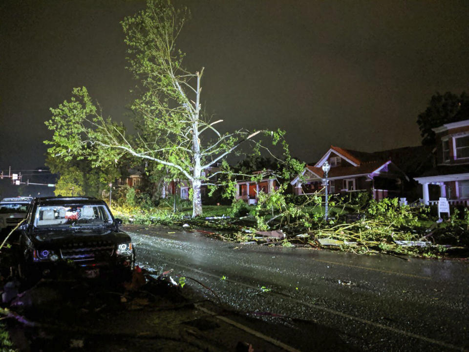 This image posted on Twitter account of Stechshultsy shows tornado-hit Jefferson City. MO., Thursday, May 23, 2019. The National Weather Service has confirmed a large and destructive tornado has touched down in Missouri's state capital, causing heavy damage and trapping multiple people in the wreckage of their homes.(Stechshultsy via AP)