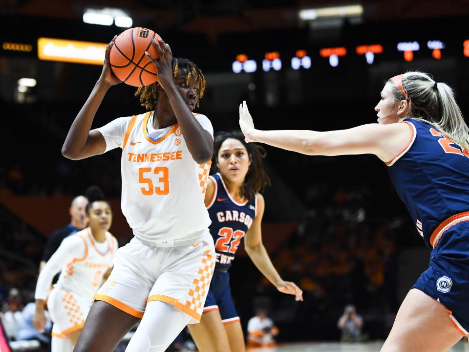 Tennessee forward Jillian Hollingshead (53) is guarded by Carson-Newman forward Lindsey Taylor (23) during a women's NCAA college basketball on Sunday, October 30, 2022 in Knoxville, Tenn. 
