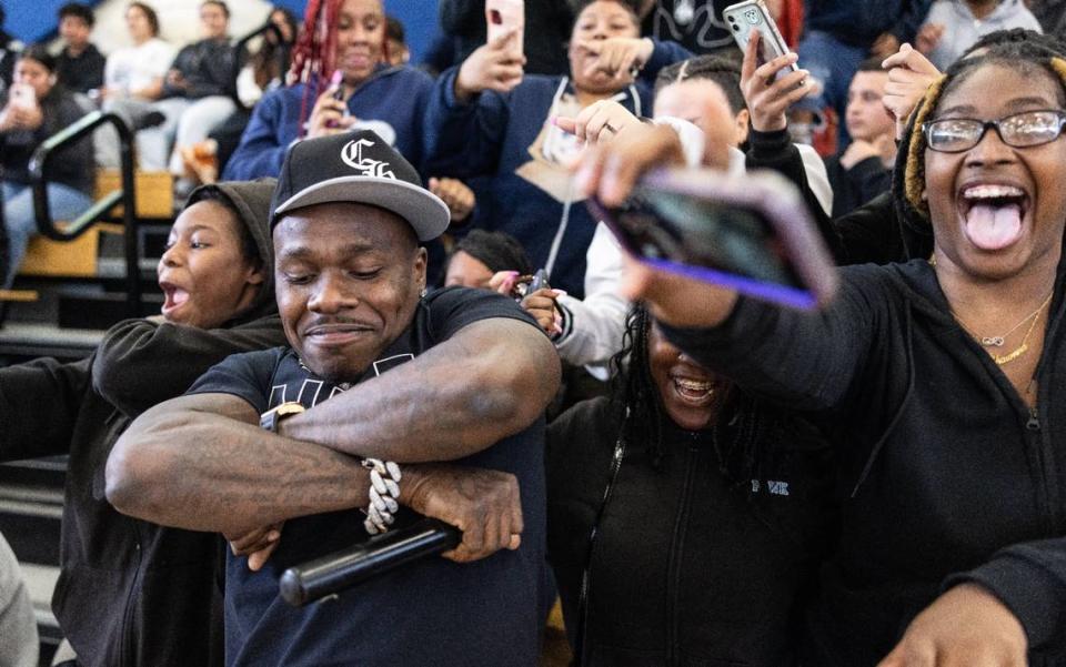 Rapper DaBaby performs a surprise concert at Garinger High School in Charlotte, N.C., on Monday, April 22, 2024.