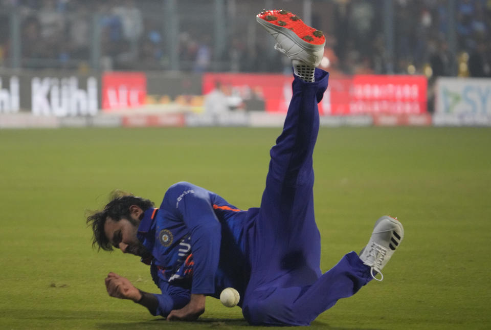 India's captain Rohit Sharma drops a catch during the first one-day international cricket match between India and Sri Lanka in Guwahati, India, Tuesday, Jan. 10, 2023.(AP Photo/Anupam Nath)