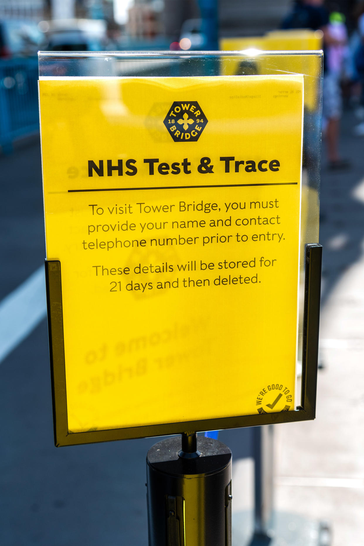 A view of a sign informing visitors that they must provide a name and contacts for the NHS Test and Trace established to track and help prevent the spread of COVID-19. (Photo by Dave Rushen / SOPA Images/Sipa USA)