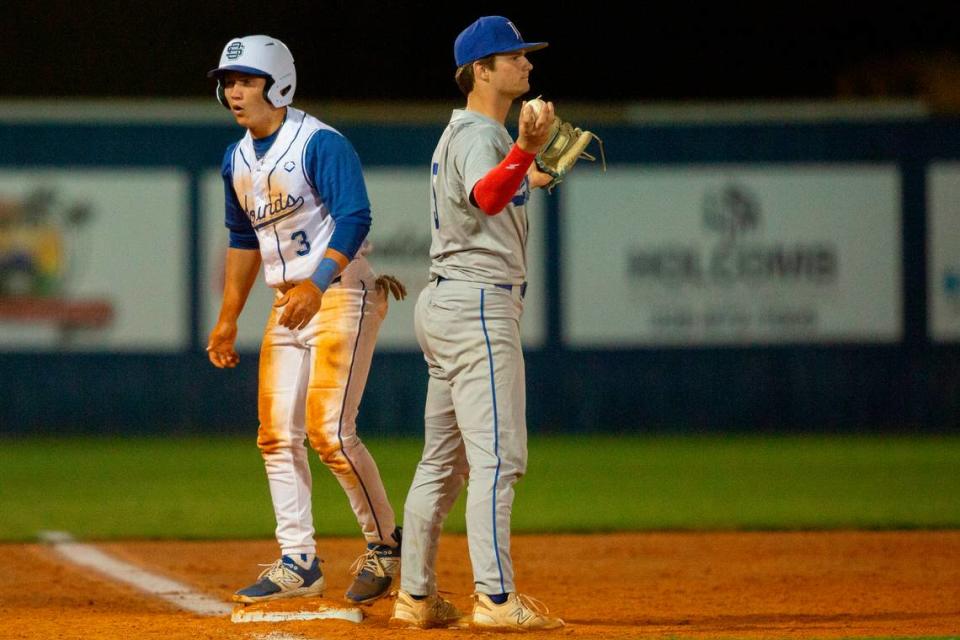 Ocean Springs’ Chris Fox reacts to a play Monday.