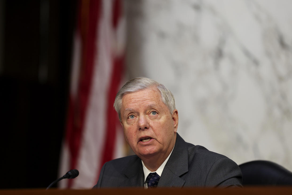 WASHINGTON, DC - APRIL 20: U.S. Sen. Lindsey Graham (R-SC) attends a Senate Judiciary Committee hearing on voting rights on Capitol Hill on April 20, 2021 in Washington, DC. Among the other witnesses who will testify are U.S. Rep. Burgess Owens (R-UT); Stacey Abrams, Founder of Fair Fight Action; and Sherrilyn Ifill, President and Director-Counsel of the NAACP Legal Defense Fund. (Photo by Evelyn Hockstein-Pool/Getty Images)