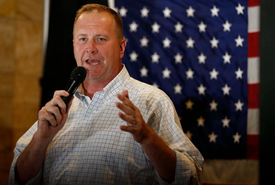 Missouri Attorney General Eric Schmitt, who is running for the Republican nomination to replace Sen. Roy Blunt in Congress, speaks at Ocean Zen in Springfield on July 23, 2022.