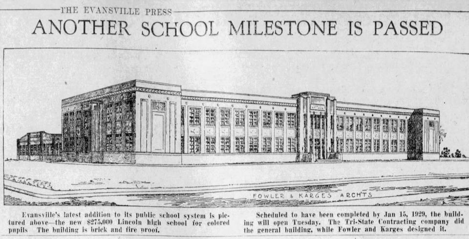 A clipping from the Sept. 2 1928 edition of the Evansville Press showing a rendering of the new Lincoln High School.