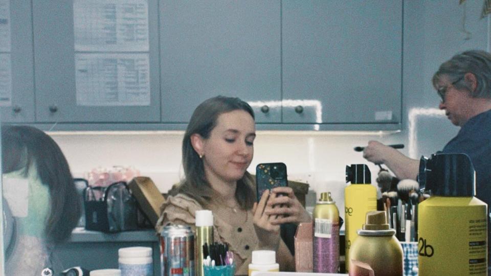 Rose Ayling-Ellis taking mirror selfie in TV trailer 