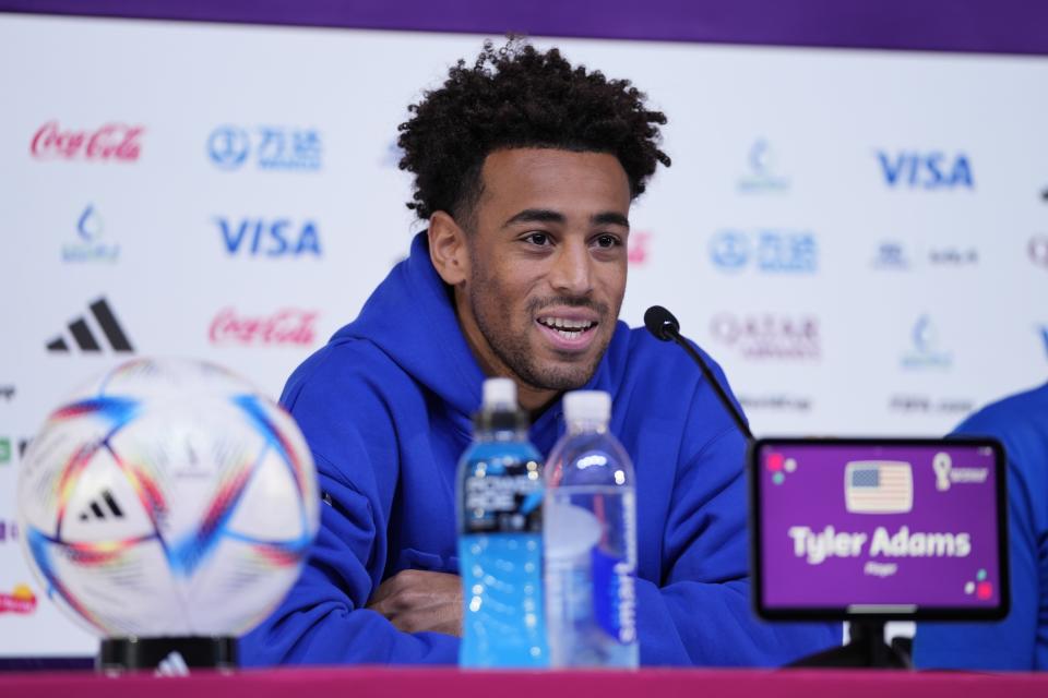 Tyler Adams, who was officially named Team USA's captain Sunday, attends a press conference on the eve of the group B World Cup soccer match between United States and Wales, at Ahmad bin Ali Stadium, in Doha, Qatar, Sunday.