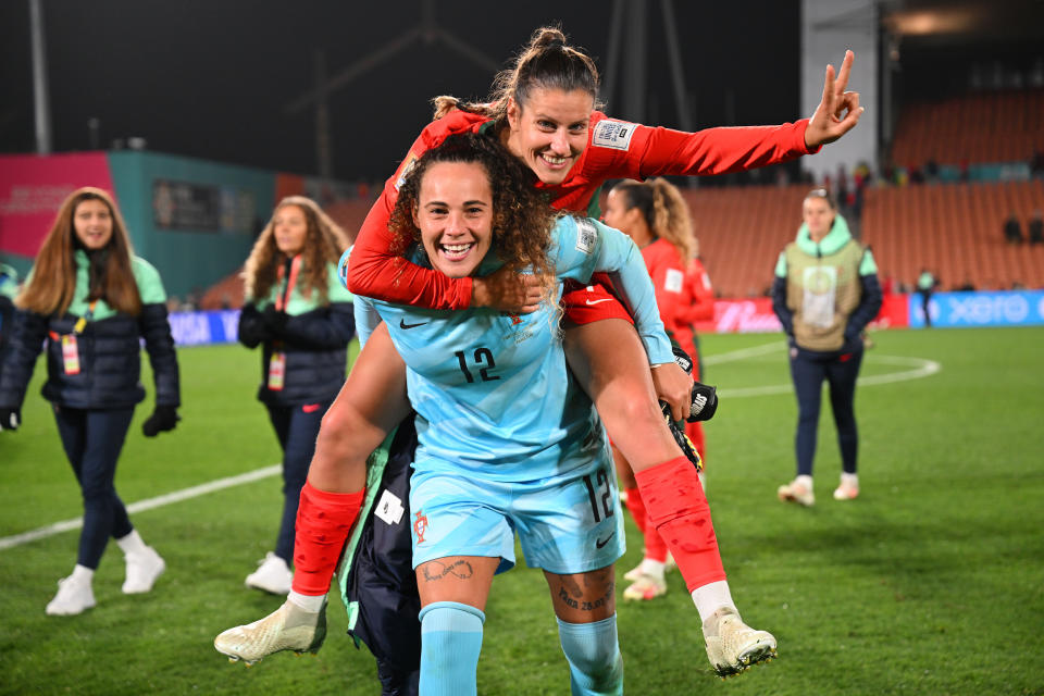 HAMILTON, NEW ZEALAND - JULY 27: Patricia Morais and Ana Rute of Portugal celebrate the team's 2-0 victory in the FIFA Women's World Cup Australia & New Zealand 2023 Group E match between Portugal and Vietnam at Waikato Stadium on July 27, 2023 in Hamilton / Kirikiriroa, New Zealand. (Photo by Hannah Peters - FIFA/FIFA via Getty Images)