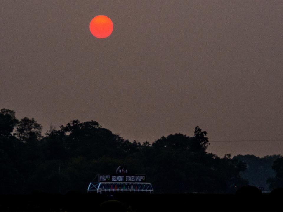 A smoke filled haze from the wildfires in Canada, blankets Belmont Park, on Wednesday, June 7, 2023.