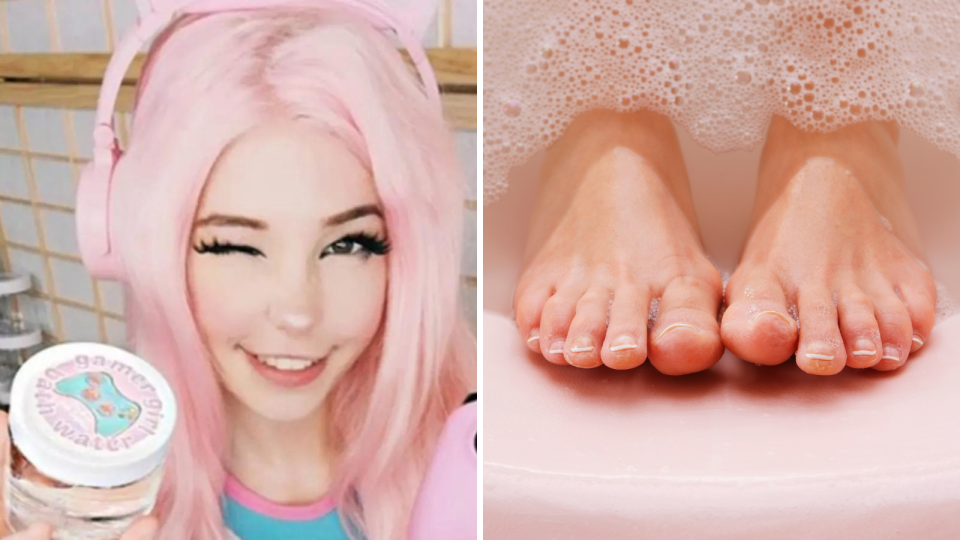 Internet personalist Belle Delphine holder a container of her bath water and feet in a bath to represent the weird ways people make money.