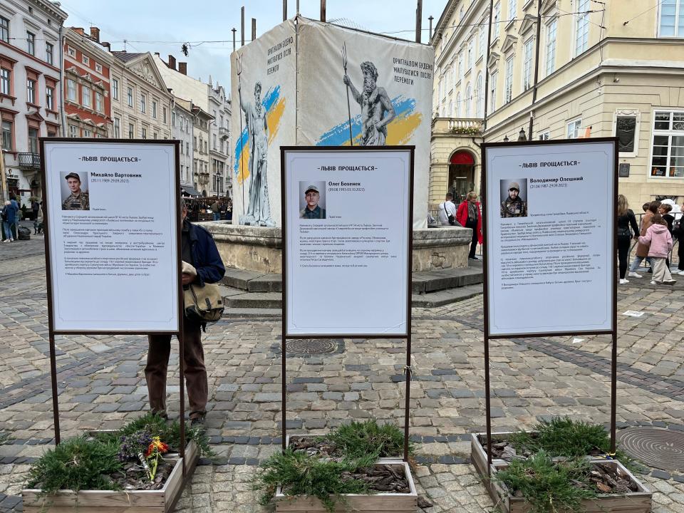 Nearly every day, Jim Gamache, of Miromar Lakes, Florida, says there were new memorials in Rynok Square in Lviv, Ukraine. Written in the Cyrillic alphabet, the placards contain stories about the soldiers. "This was a difficult day with three of them," Gamache said of his visit in October 2023..
