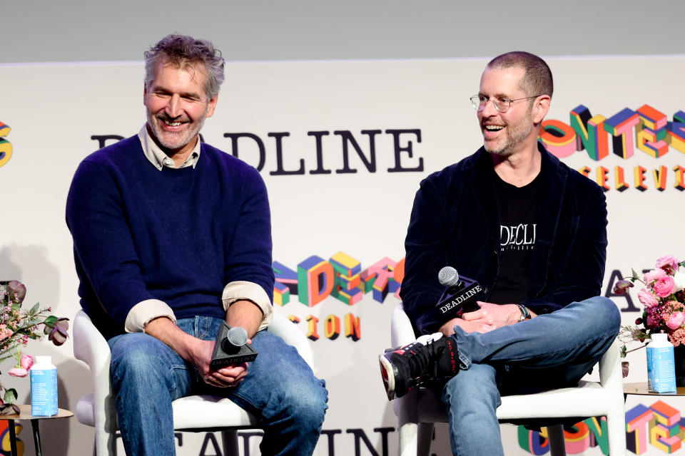 David Benioff and D. B. Weiss on stage at Deadline Contenders Television 2024