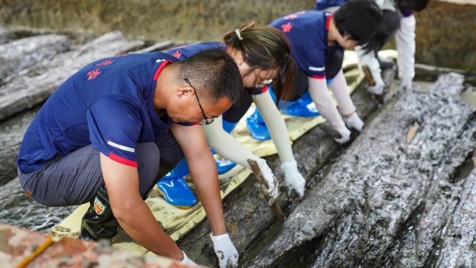 Archaeologists and university students working at an archaeological site in the Wulong district.