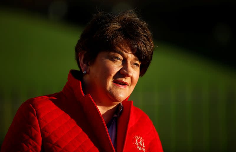 Northern Ireland's First Minister Foster talks during a television interview outside the Stormont Parliament building in Belfast