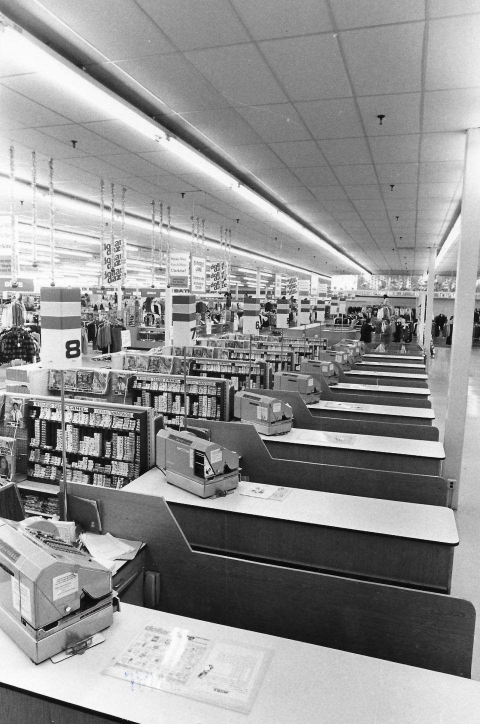 Checkout lanes await customers in 1980 at the newly remodeled Clarkins store at Interstate 77 and Arlington Road in Green.