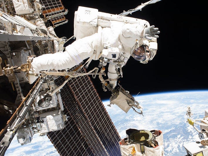 Vande Hei during a spacewalk to service components on the Canadarm2 robotic arm.