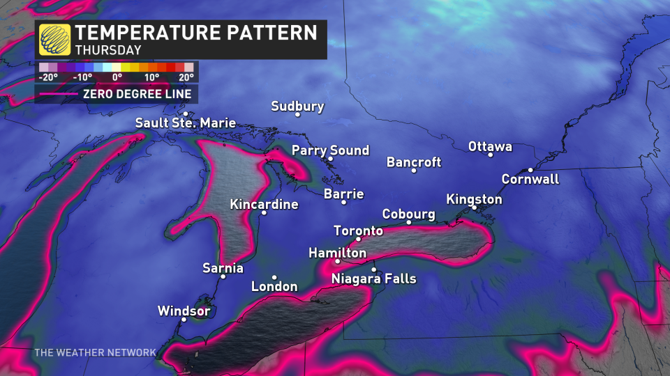 Ontario temperature pattern Thursday (April 22)