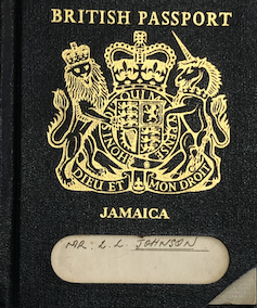 An old navy blue British-Jamaican passport from 1962.