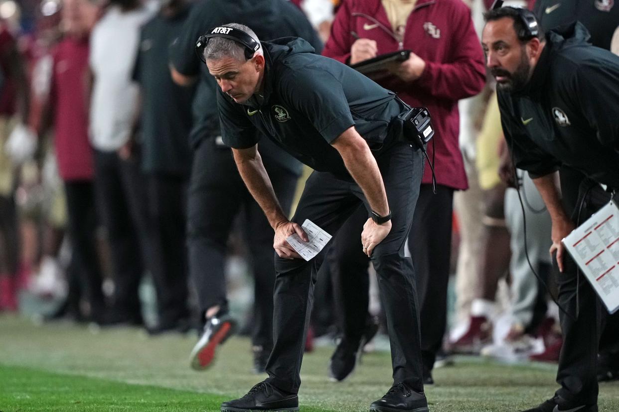 Florida State Seminoles head coach Mike Norvell reacts against the Georgia Bulldogs during the second half December 30, 2023, in the 2023 Orange Bowl at Hard Rock Stadium in Miami Gardens, Florida.