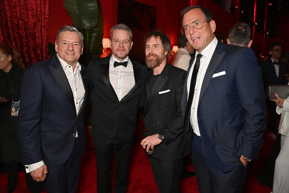 Ted Sarandos, Matt Damon, Sam Rockwell, and Will Arnett attend the 2024 Vanity Fair Oscar Party Hosted By Radhika Jones at Wallis Annenberg Center for the Performing Arts on March 10, 2024 in Beverly Hills, California.