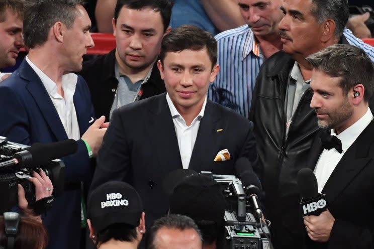 Gennady Golovkin interacts with Canelo Alvarez in the ring after Alavarez defeated Julio Cesar Chavez Jr. on Saturday. (Getty)