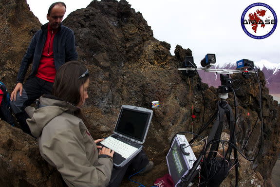 ExoMars PanCam deployed on Commanche Spur analogue carbonates in lava breccia at Sverrefjell volcano on AMASE 2011. Left: Arnold Bauer, Joanneum Research, Austria; Right: Nicole Schmitz, German Aerospace Center (DLR).