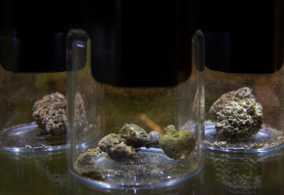 A Delta-8-THC product called moon rocks, hemp flower dipped in concentrate and rolled in cannabis trichomes, is seen at Wall’s Organic in Evansville, Indiana last year. A recent crackdown by state and county officials has put the future of the CBD and cannabis market in Evansville in jeopardy.