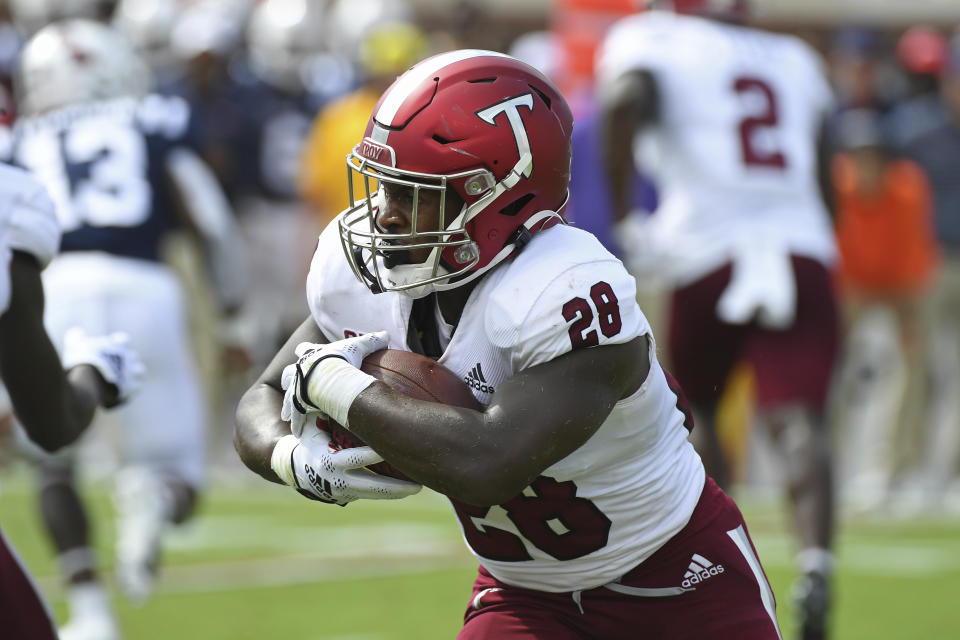 Troy running back Kimani Vidal (28) runs the ball during the first half an NCAA college football game against Mississippi in Oxford, Miss., Saturday, Sept. 3, 2022. (AP Photo/Thomas Graning)