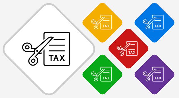 Cutting Taxes Page with Scissors Icon. This 100% royalty free vector illustration is featuring a white diamond button with a black icon. There are 5 additional alternative variations in different colors on the right. (Photo: bubaone via Getty Images)