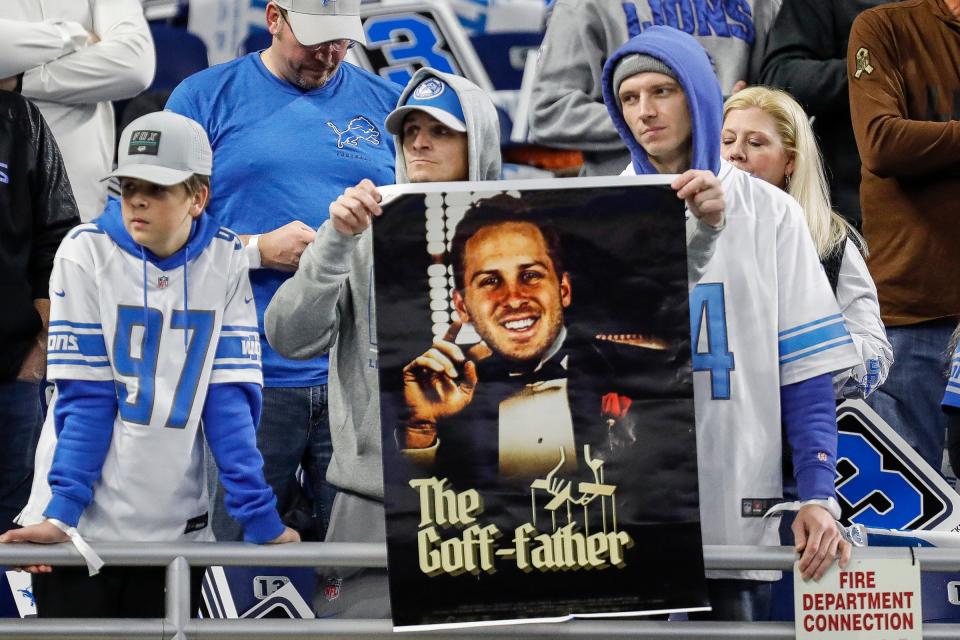 Lions fans cheer for quarterback Jared Goff before the NFC divisional playoff game between the Lions and Buccaneers at Ford Field on Sunday, Jan, 21, 2024.