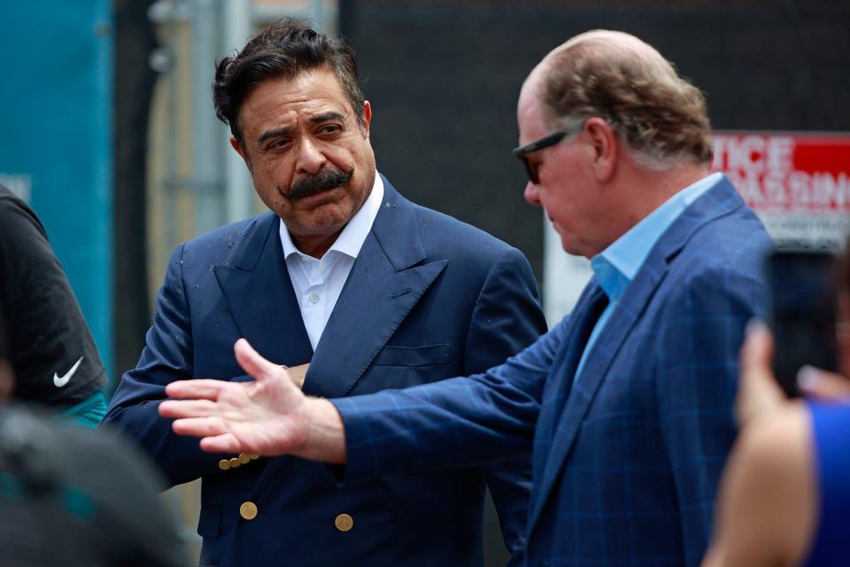 Jaguars' owner Shad Khan (L) and team president Mark Lamping will be key figures in negotiations with the city of Jacksonville as they try to get a deal done on how costs will be distributed for the refurbishing of TIAA Bank Field.