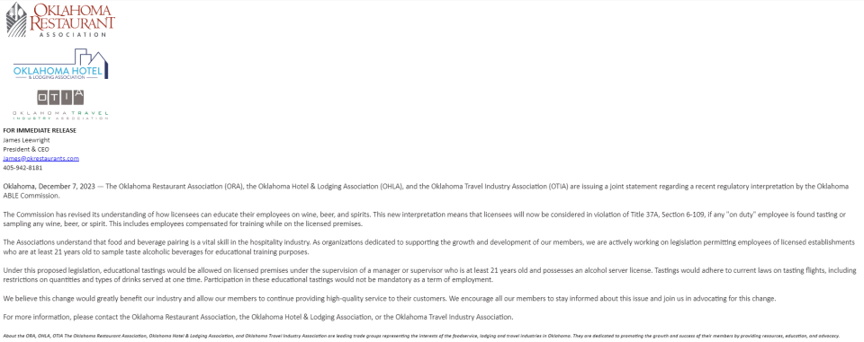 Full statement from Oklahoma Restaurant Association (ORA), the Oklahoma Hotel & Lodging Association (OHLA), and the Oklahoma Travel Industry Association (OTIA) on ABLE.