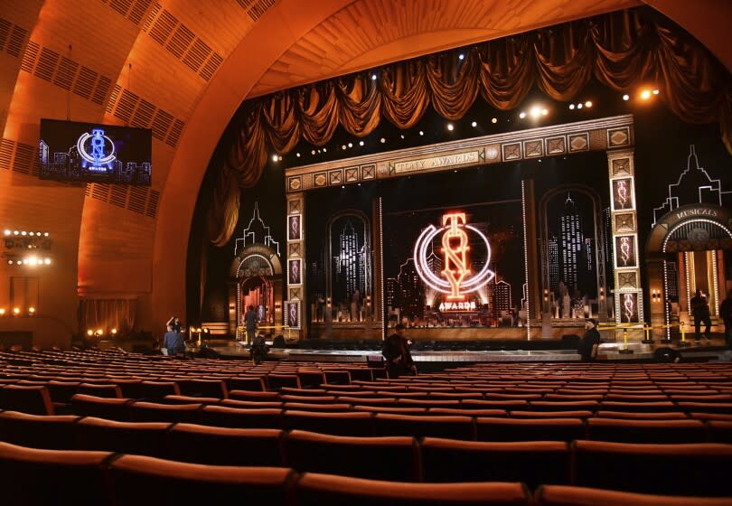 FILE - A view of the stage appears prior to the start of the 73rd annual Tony Awards at Radio City Music Hall in New York on June 9, 2019. Tony Award Productions said Friday that the celebration of live theater will be digital but offered no date or streaming platform. Final eligibility determinations will be made by the Tony Awards Administration Committee "in the coming days." Broadway theaters abruptly closed on March 12, knocking out all shows — including 16 that were still scheduled to open. (Photo by Charles Sykes/Invision/AP, File)