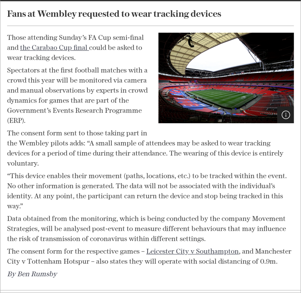 Fans at Wembley requested to wear tracking devices