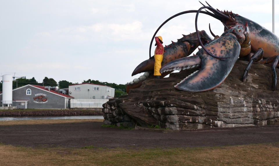 The Shediac Lobster shop, background, is shown, where fisherman have been protesting the purchase of Maine lobster for a cheaper price, in Shediac, New Brunswick, Canada on Thursday, Aug.9, 2012. Lobster processing plants in New Brunswick resumed full operations Friday, a day after a judge ordered an injunction to prevent fishermen from blocking access in an ongoing dispute over the import of low-priced U.S. lobsters. Ronald LeBlanc, the lawyer representing the nine processing plants that applied for the injunction, said no demonstrations have been reported outside the plants since the 10-day injunction was granted Thursday. (AP Photo/The Canadian Press, Marc Grandmaison)