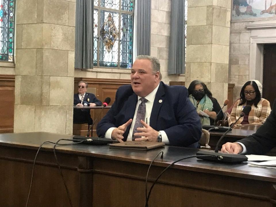 Howell Schools Superintendent Joseph Isola testifies before a State Senate committee hearing on teen suicide on March 2, 2023