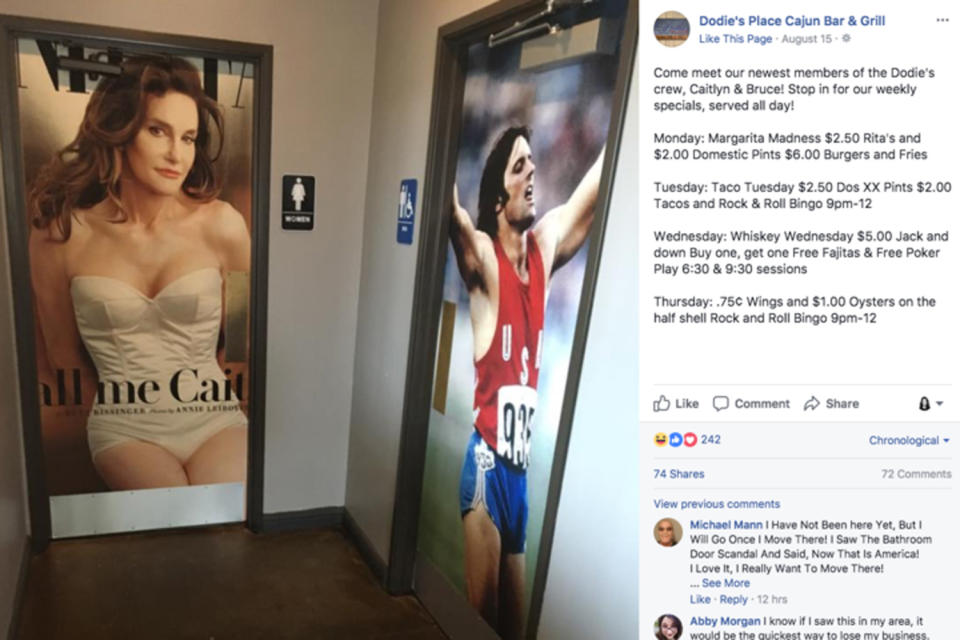 This Facebook post, showing off the new Caitlyn Jenner bathroom doors, caused fired-up discussion. (Photo: Facebook/Dodie’s Place Cajun Bar & Grill)