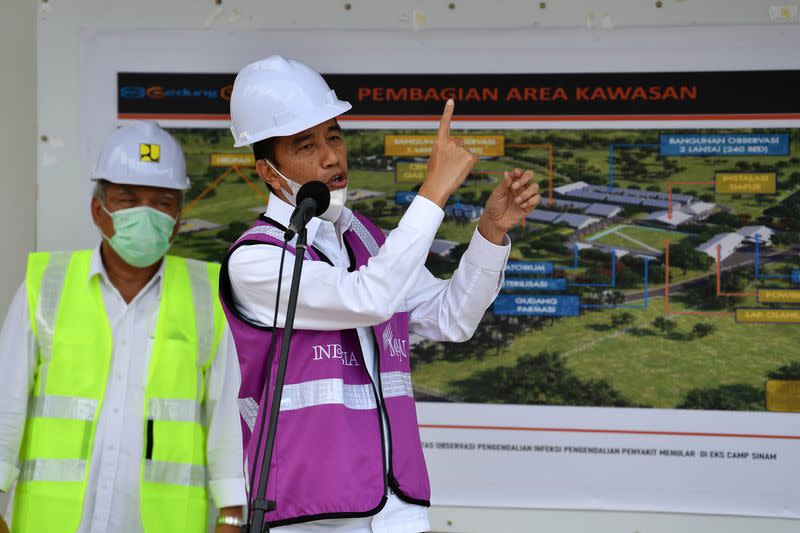 Indonesia?s president Joko Widodo delivers his speech during a news briefing about Emergency Hospital at a Galang Island to prevent the spread of coronavirus disease (COVID-19) in Batam