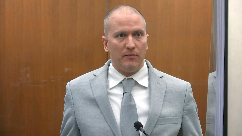 Former Minneapolis pPolice Officer Derek Chauvin addresses the court as Hennepin County Judge Peter Cahill presides over Chauvin's sentencing on June 25, 2021, at the Hennepin County Courthouse in Minneapolis. (Court TV)