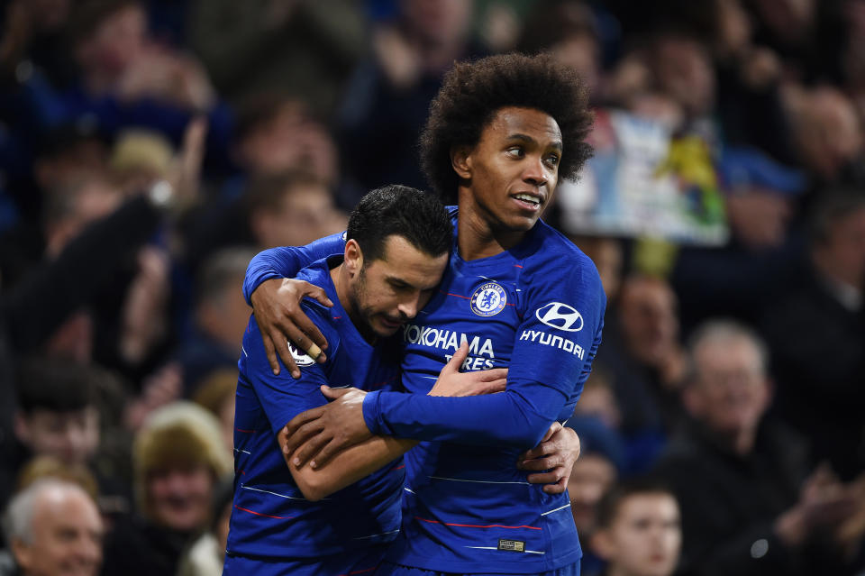 Chelsea's Pedro (left) and Willian are two of the players whose contract situations have been thrust into confusion by the Premier League's restart plan. (Photo by Harriet Lander/Copa/Getty Images)