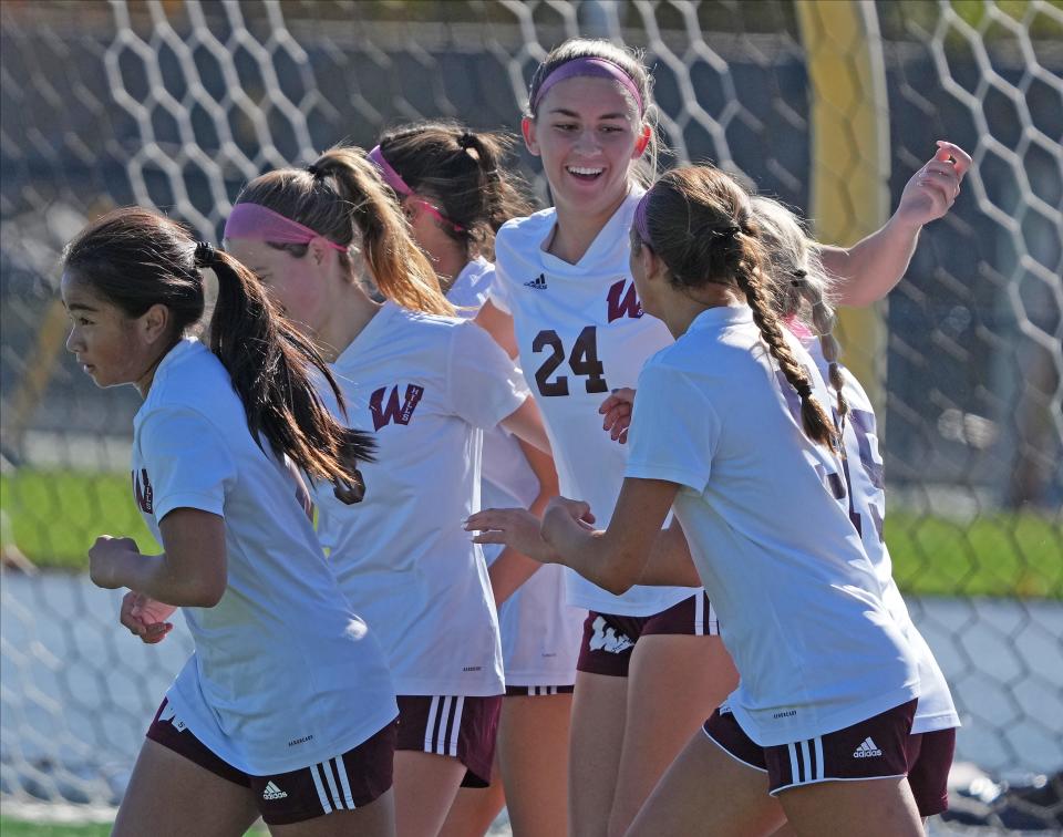 Wayne Hills celebrate a goal by Sophia Bradley as Wayne Hills topped Wayne Valley 2-0 to win the State Girls Soccer Quarterfinal played in Wayne, NJ on October 29, 2022.