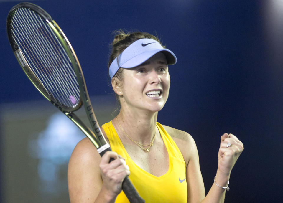 Seen here, Ukraine's Elina Svitolina celebrates a victory over Bulgaria's Viktoriya Tomova in Mexico.